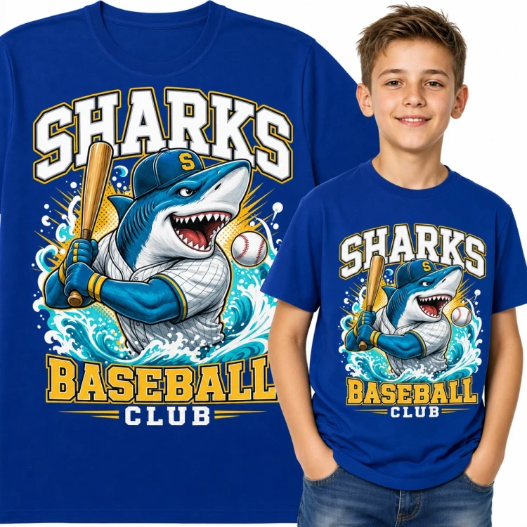 Koszulka chłopięca z rekinem baseballistą „Sharks Baseball Club”
