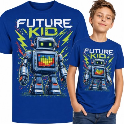 Koszulka chłopięca z robotem „Future Kid” - pikselowy ekran i błyskawice