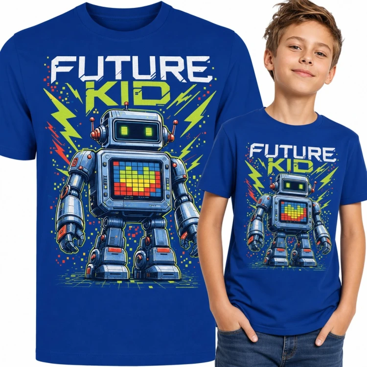 Koszulka chłopięca z robotem „Future Kid” - pikselowy ekran i błyskawice