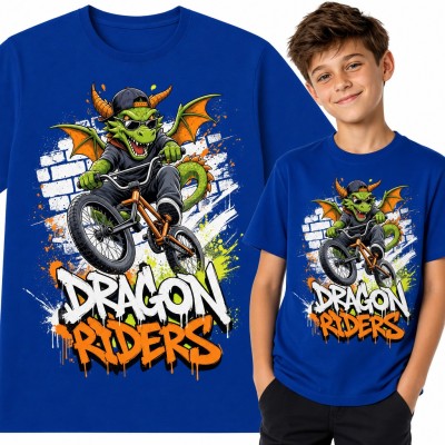 Koszulka chłopięca „Dragon Riders” - smok na rowerze BMX w stylu graffiti