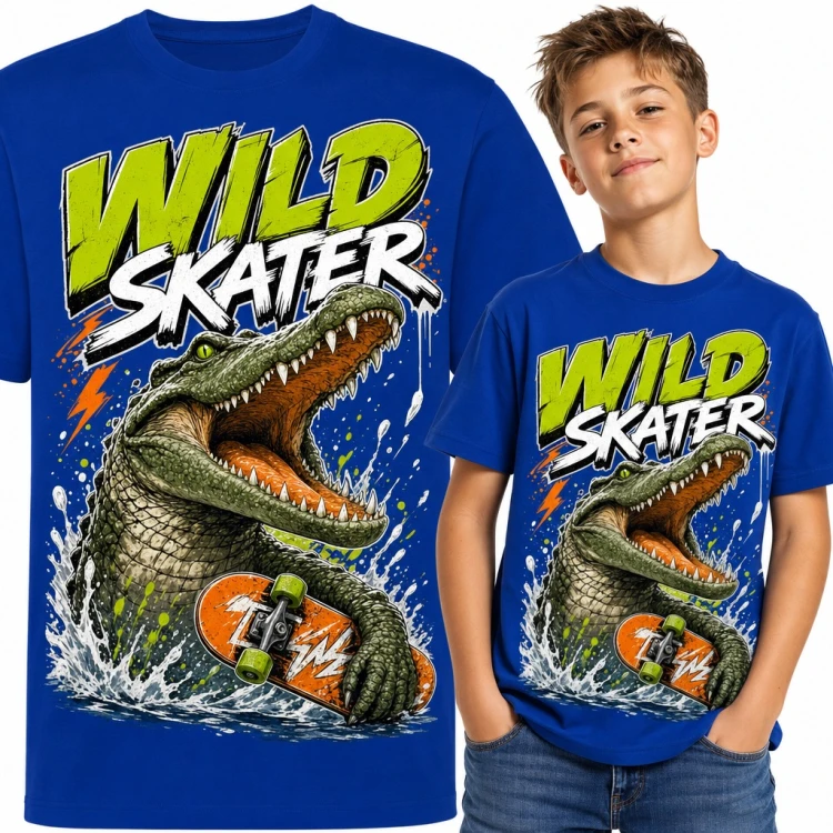 Koszulka chłopięca krokodyl na deskorolce „Wild Skater” - dla skatera