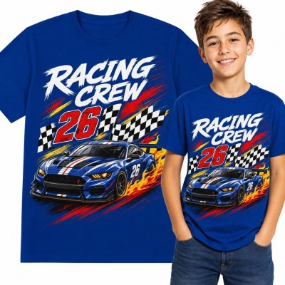 Koszulka chłopięca „Racing Crew” - wyścigowe auto z numerem 26 i flagą w szachownicę