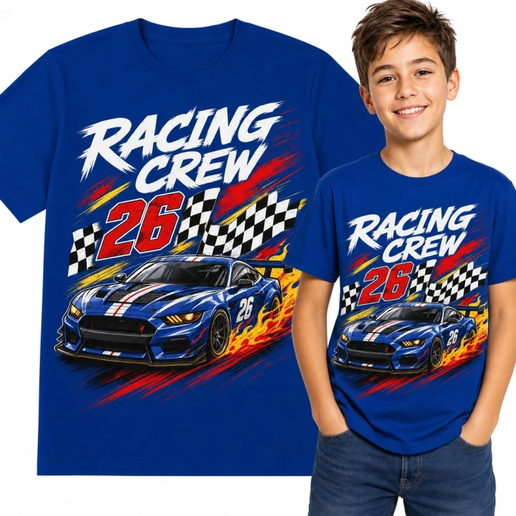 Koszulka chłopięca „Racing Crew” - wyścigowe auto z numerem 26 i flagą w szachownicę