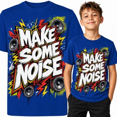 Koszulka chłopięca „Make some noise” - głośniki i błyskawice w stylu komiksu