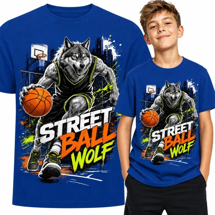 Koszulka chłopięca wilk koszykarz „Street Ball Wolf” - streetball na miejskim boisku