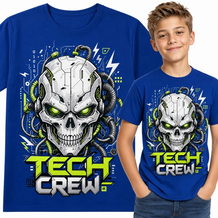 Koszulka chłopięca „Tech Crew” - czaszka robota z kablami w stylu cyberpunk