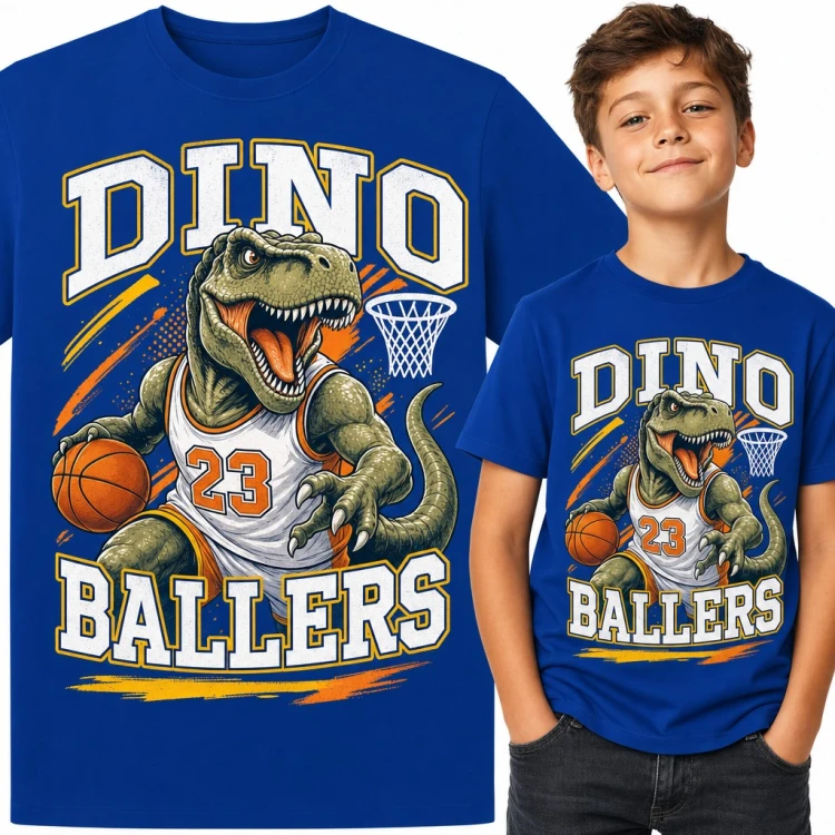 Koszulka chłopięca „Dino Ballers” - T-rex koszykarz z piłką