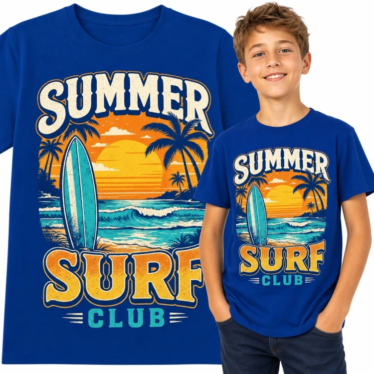 Koszulka chłopięca „Summer Surf Club” - deska surfingowa i palmy o zachodzie słońca