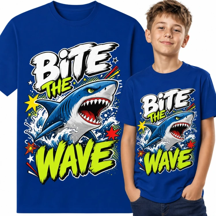 Koszulka chłopięca z rekinem i napisem „Bite the Wave” w komiksowym stylu