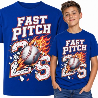Koszulka chłopięca „Fast Pitch 26” - płonąca piłka baseballowa dla młodego baseballisty