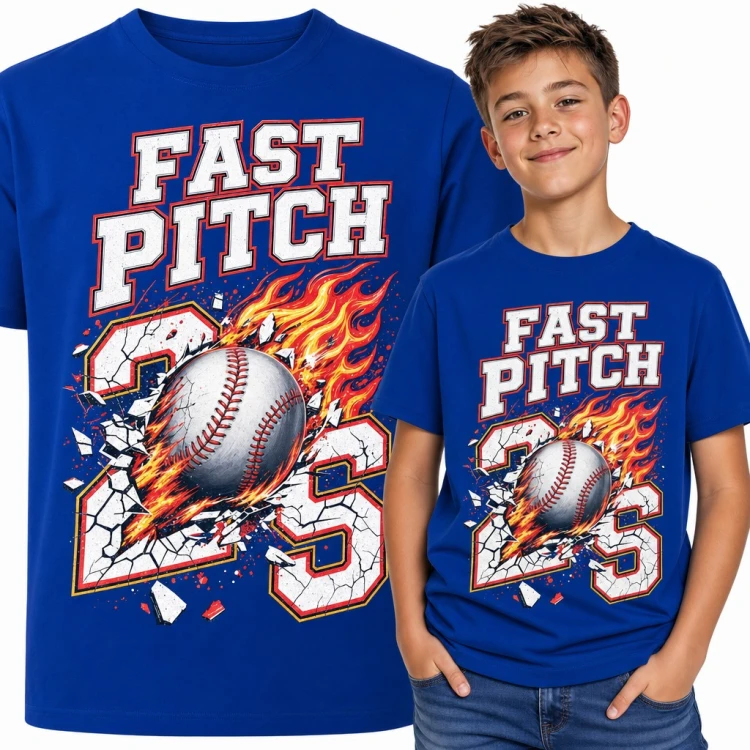 Koszulka chłopięca „Fast Pitch 26” - płonąca piłka baseballowa dla młodego baseballisty