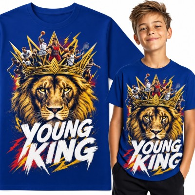 Koszulka chłopięca „Young King” - lew w złotej koronie ze sportowcami