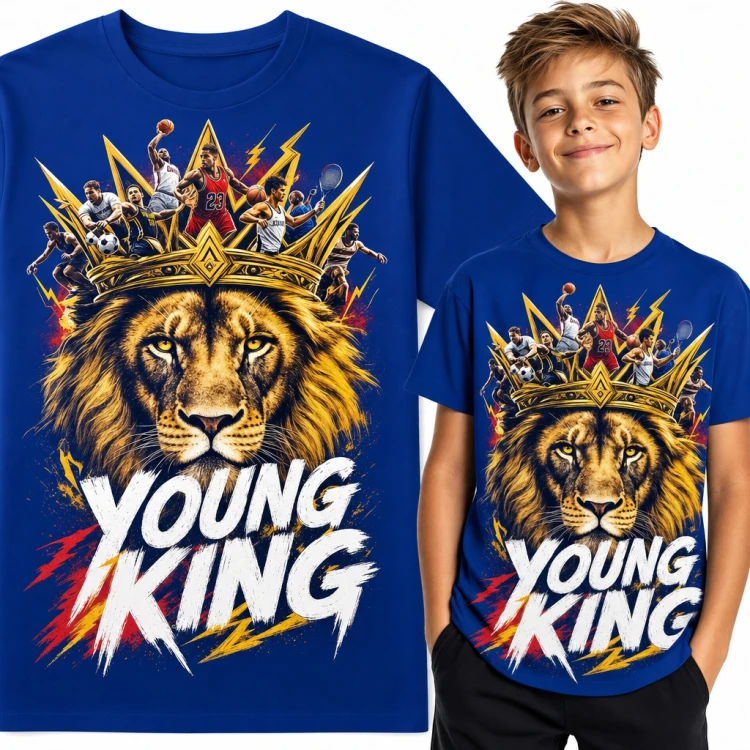 Koszulka chłopięca „Young King” - lew w złotej koronie ze sportowcami