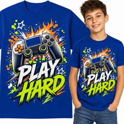 Koszulka chłopięca z padem do gier w płomieniach „Play hard” - dla gracza
