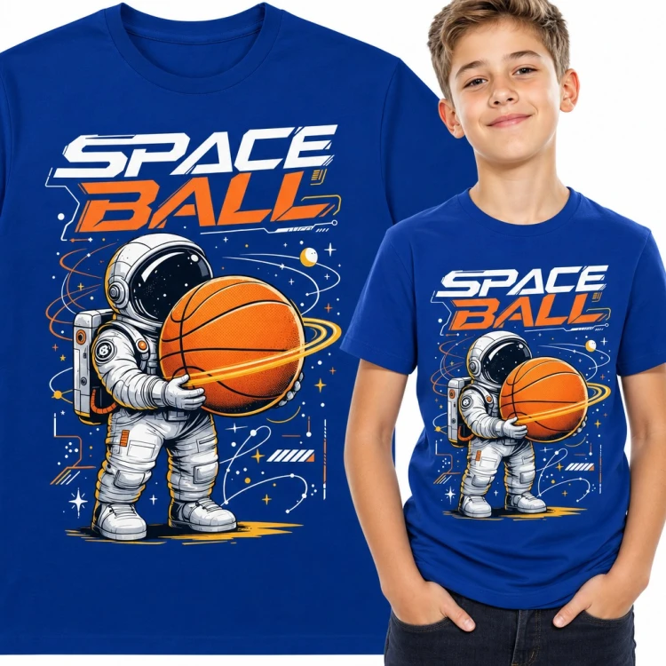 Koszulka chłopięca „Space Ball” - astronauta z piłką do koszykówki dla małego koszykarza