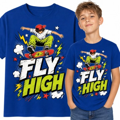 Koszulka chłopięca „Fly high” - skater na deskorolce w komiksowym skoku