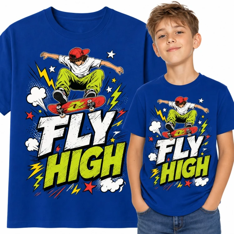 Koszulka chłopięca „Fly high” - skater na deskorolce w komiksowym skoku
