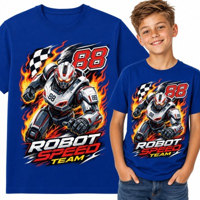 Koszulka chłopięca z robotem wyścigowym „Robot Speed Team” - numer 88 i płomienie