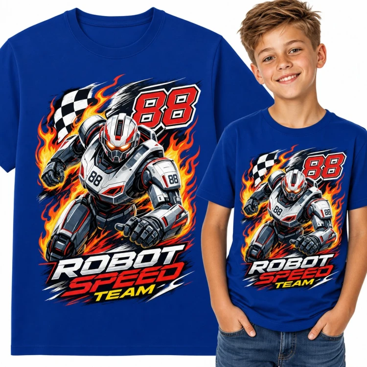 Koszulka chłopięca z robotem wyścigowym „Robot Speed Team” - numer 88 i płomienie