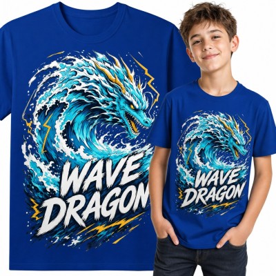 Koszulka chłopięca ze smokiem wodnym w fali i błyskawicach „Wave Dragon”