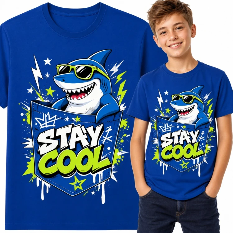 Koszulka chłopięca rekin w okularach w kieszeni „Stay cool” - graffiti