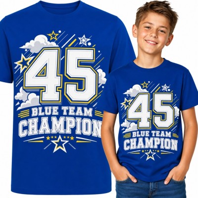Koszulka chłopięca „45 Blue Team Champion” - sportowy numer w stylu college