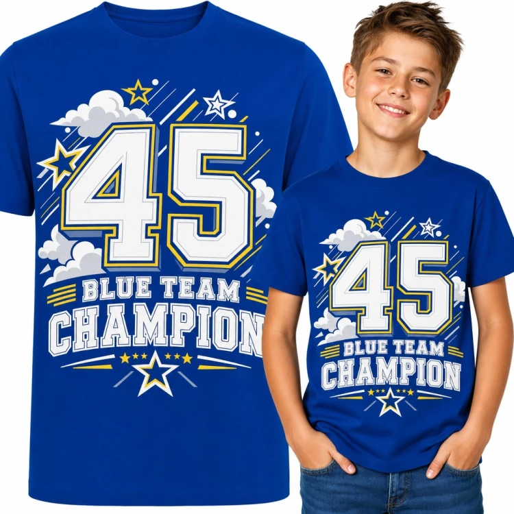 Koszulka chłopięca „45 Blue Team Champion” - sportowy numer w stylu college