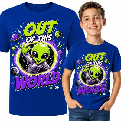 Koszulka chłopięca „Out of this world” - kosmita machający z portalu