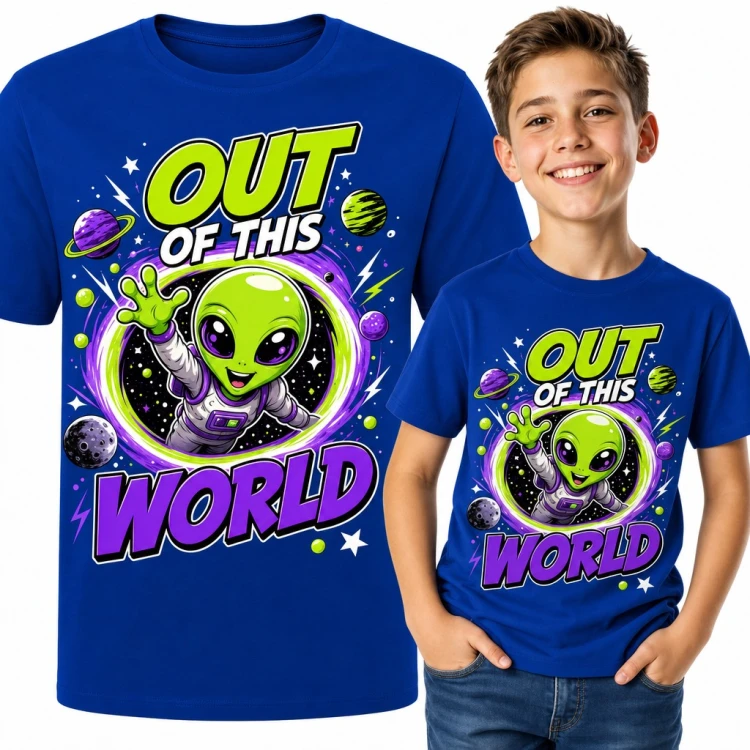 Koszulka chłopięca „Out of this world” - kosmita machający z portalu