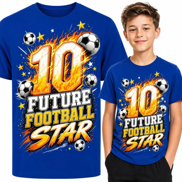 Koszulka chłopięca „10 Future Football Star” - płonąca dziesiątka i piłki dla młodego piłkarza