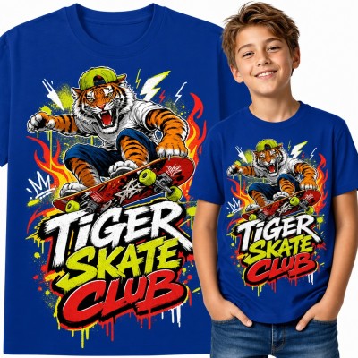 Koszulka chłopięca tygrys na deskorolce „Tiger Skate Club” w stylu graffiti
