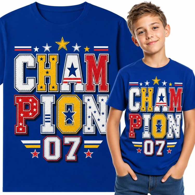 Koszulka chłopięca „Champion 07” - sportowe litery college z gwiazdkami