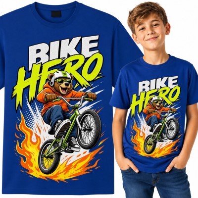 Koszulka chłopięca „Bike Hero” - miś na rowerze BMX dla małego rowerzysty