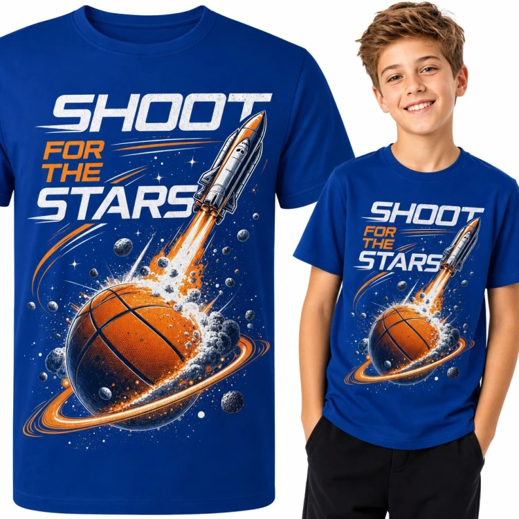 Koszulka chłopięca dla koszykarza „Shoot for the Stars” - piłka planeta i rakieta