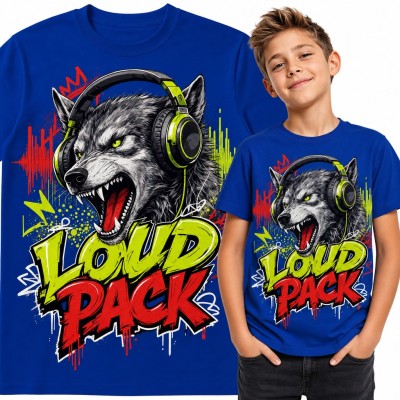 Koszulka chłopięca wilk w słuchawkach „Loud Pack” - graffiti dla fana muzyki