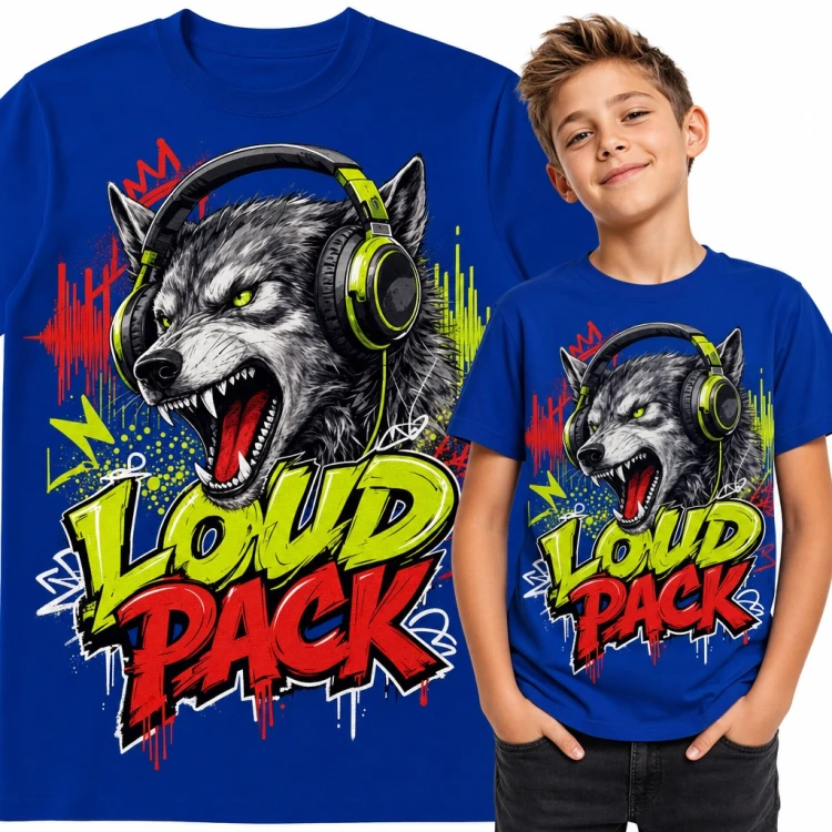 Koszulka chłopięca wilk w słuchawkach „Loud Pack” - graffiti dla fana muzyki