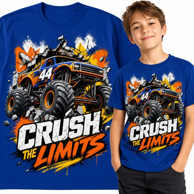 Koszulka chłopięca z monster truckiem „Crush the limits” - auto 44 przebijające mur