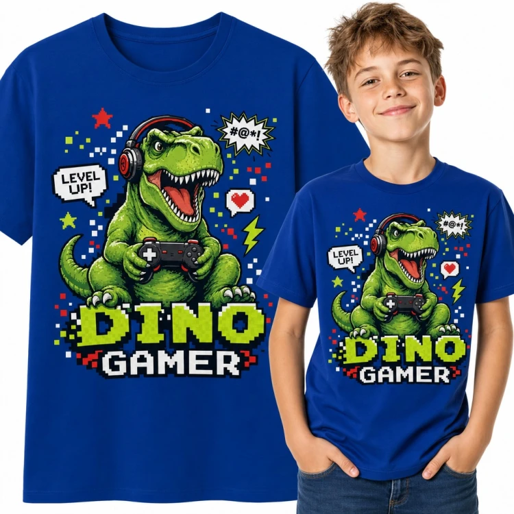Koszulka chłopięca „Dino Gamer” - T-rex w słuchawkach z padem