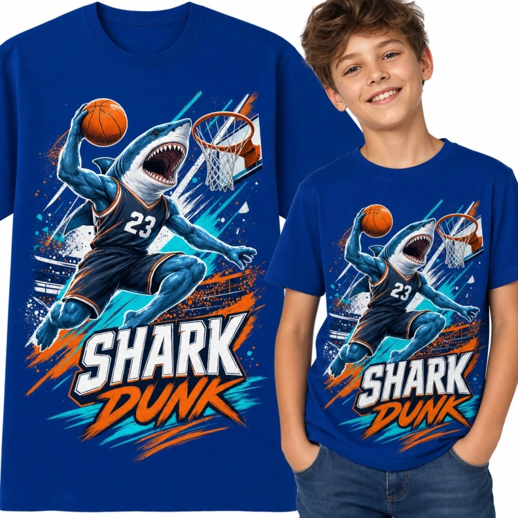 Koszulka chłopięca rekin koszykarz „Shark Dunk” - wsad do kosza z numerem 23