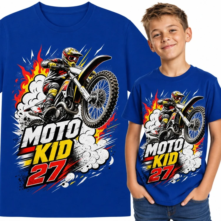 Koszulka chłopięca „Moto Kid 27” - motocross z zawodnikiem w skoku
