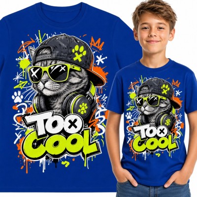 Koszulka chłopięca z kotem w okularach i słuchawkach „Too Cool” - graffiti