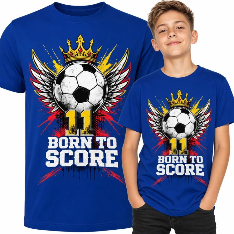 Koszulka chłopięca piłkarska „Born to Score” - piłka z koroną, skrzydłami i numerem 11