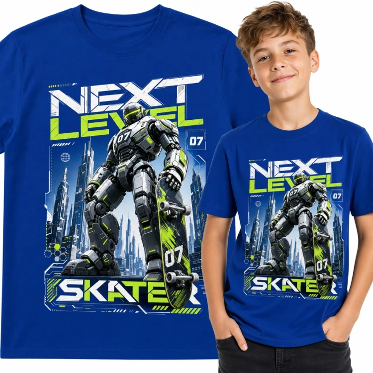 Koszulka chłopięca „Next Level Skater” - robot z deskorolką w futurystycznym mieście