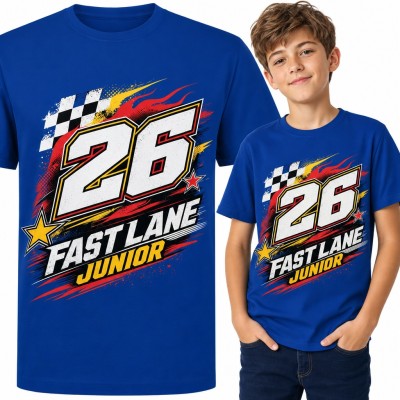 Koszulka chłopięca wyścigowa „26 Fast Lane Junior” z flagą w szachownicę