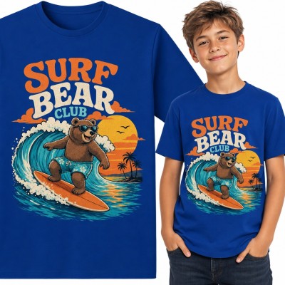 Koszulka chłopięca „Surf Bear Club” - miś surfer na fali o zachodzie słońca