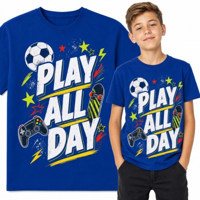 Koszulka chłopięca „Play all day” - pad, piłka nożna i deskorolka dla małego gracza