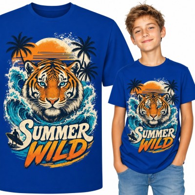 Koszulka chłopięca z tygrysem w falach „Summer Wild” - surfing i palmy