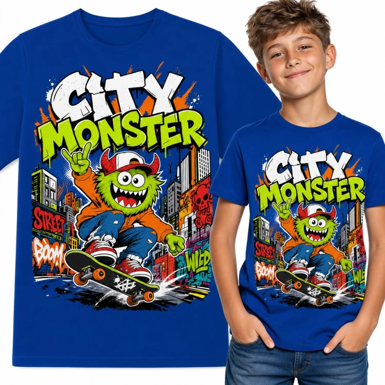 Koszulka chłopięca „City Monster” - potworek na deskorolce w stylu graffiti