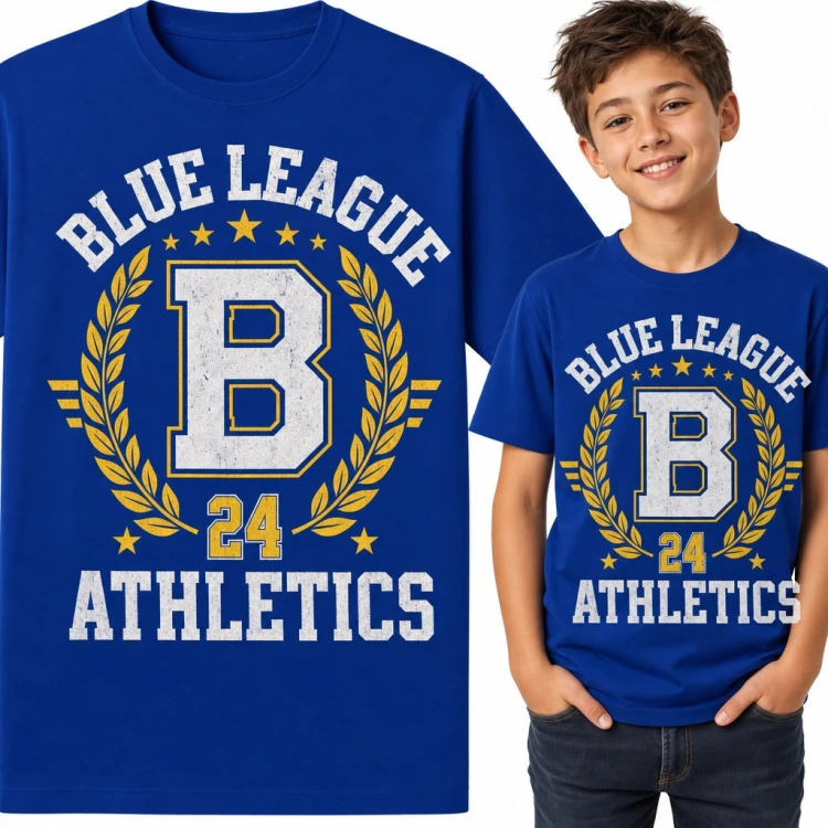 Koszulka chłopięca w stylu college „Blue League B 24 Athletics” z wieńcem laurowym