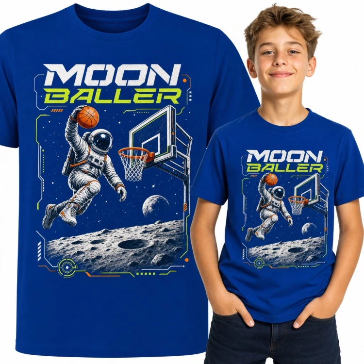 Koszulka chłopięca „Moon Baller” - astronauta z piłką do koszykówki na Księżycu